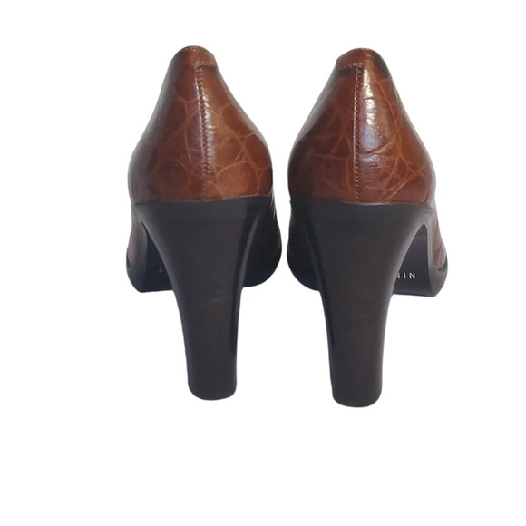 Nine West Cognac Alligator Embossed Leather Open Toe Heels Block Heel - Picture 5 of 15